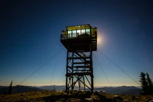 Mount Baldy lookout tower at night. Yaak Valley, Kootenai National Forest.