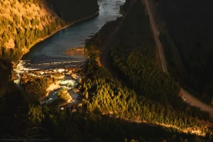 The Kootenai Falls lit up by a late summer sunset.