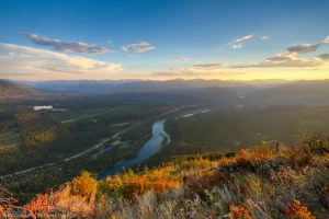 The Kootenai River cutting through the Kootenai Valley with Savage Lake on the left and the edge of Troy on the right.