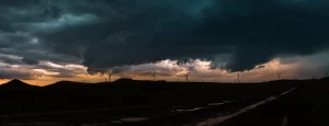 An intense thunderstorm moves across a wind farm in central North Dakota.