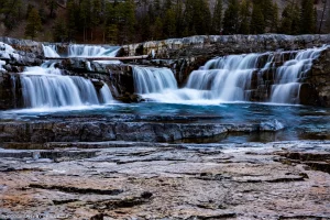 Kootenai Falls at its lowest water level during the winter.